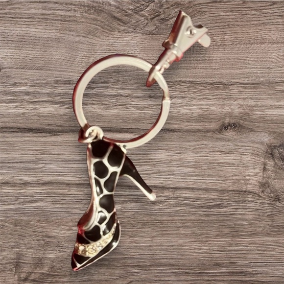 Leopard & Rhinestone High Heel Purse-Charm - Keyring Black Silver Champagne NWT - Picture 3 of 11